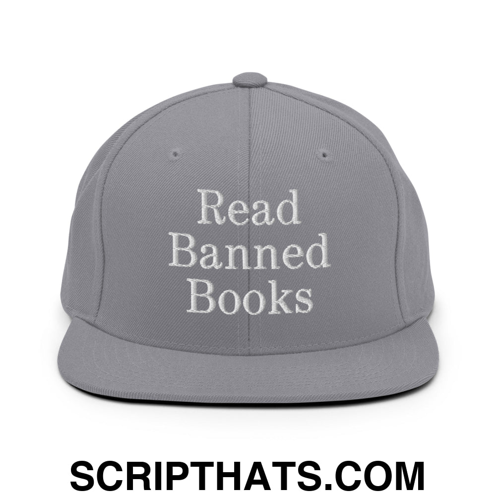 Read Banned Books Embroidered Flat Bill Brim Snapback Hat Silver