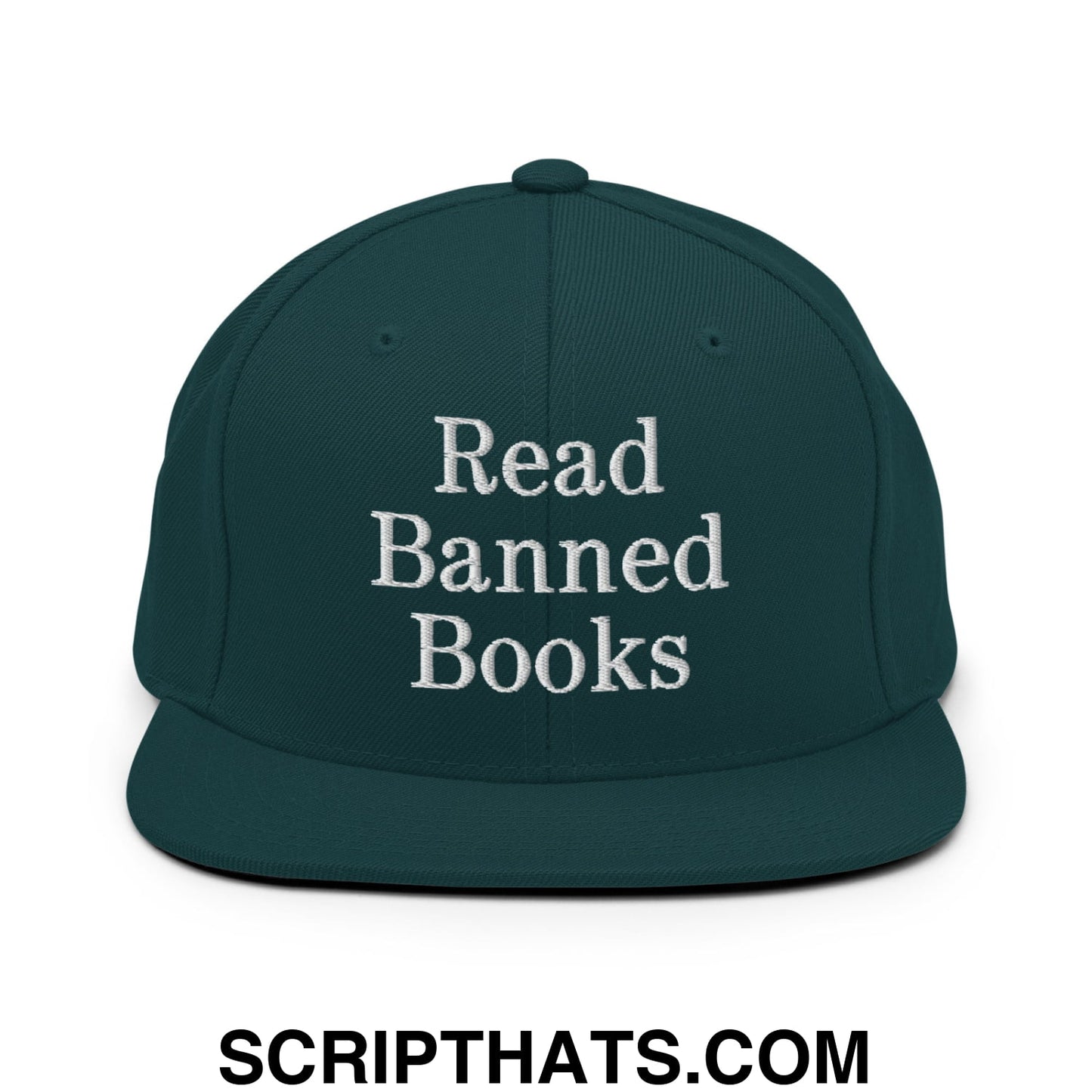 Dark green snapback cap with white embroidered read banned books text and flat bill brim design