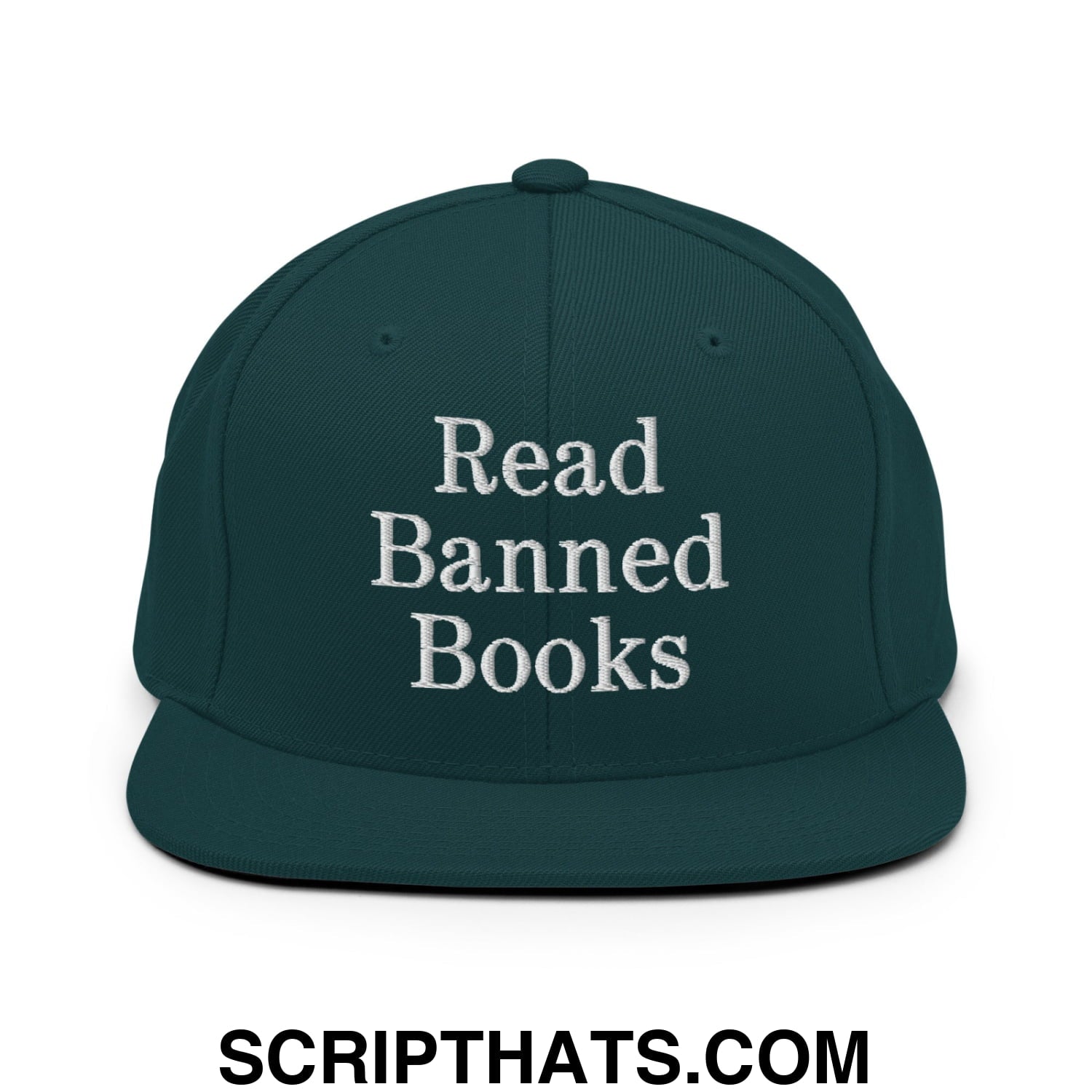 Dark green snapback cap with white embroidered read banned books text and flat bill brim design