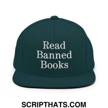 Dark green snapback cap with white embroidered read banned books text and flat bill brim design