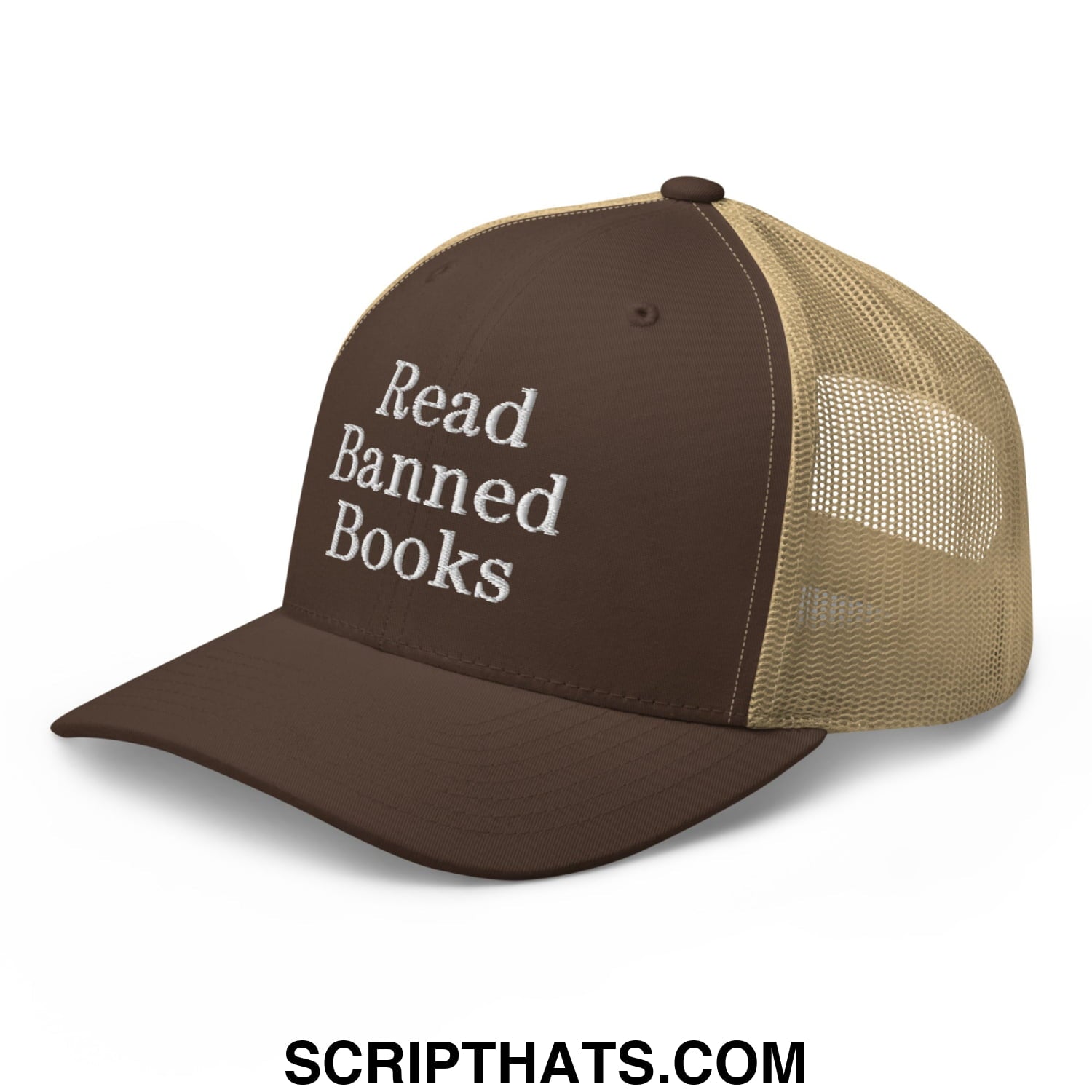 Brown and tan read banned books embroidered mesh trucker hat with white lettering on the front