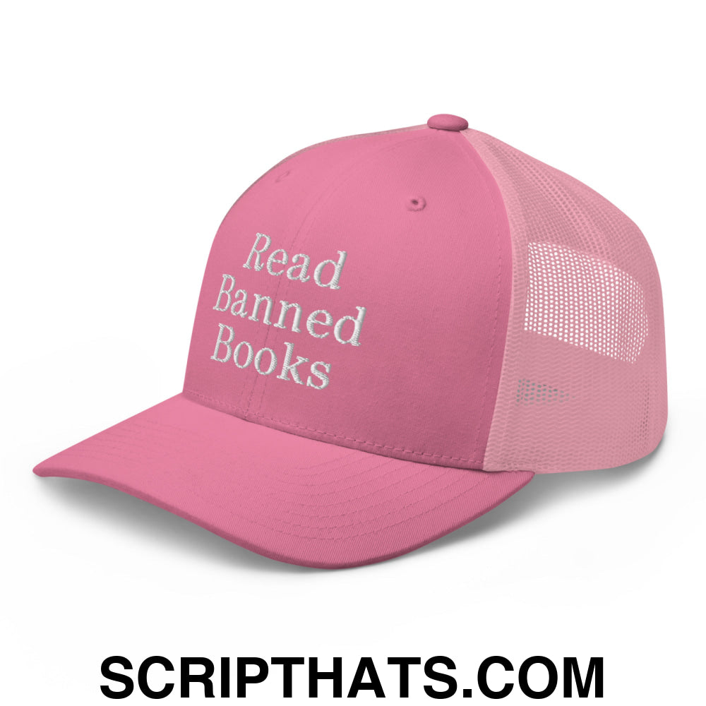 Read Banned Books Embroidered Mesh Trucker Hat Pink