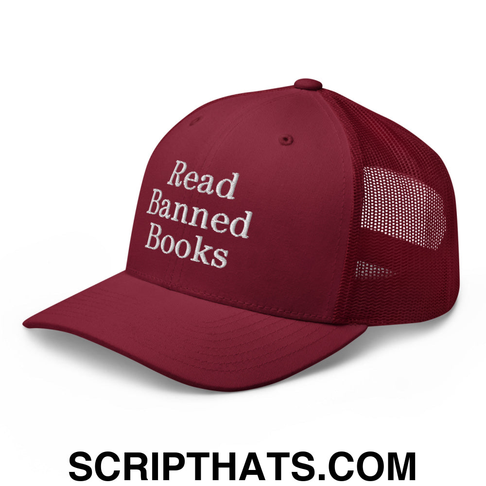 Read Banned Books Embroidered Mesh Trucker Hat Cranberry