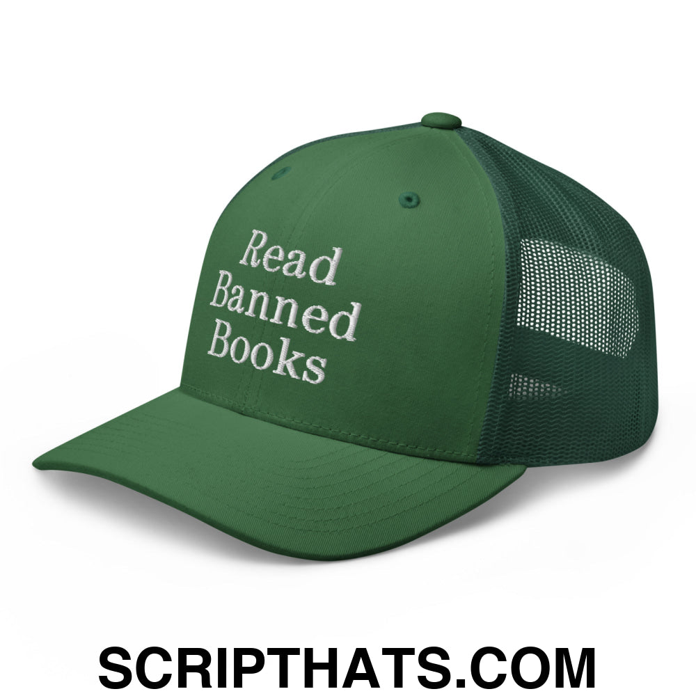 Read Banned Books Embroidered Mesh Trucker Hat Evergreen