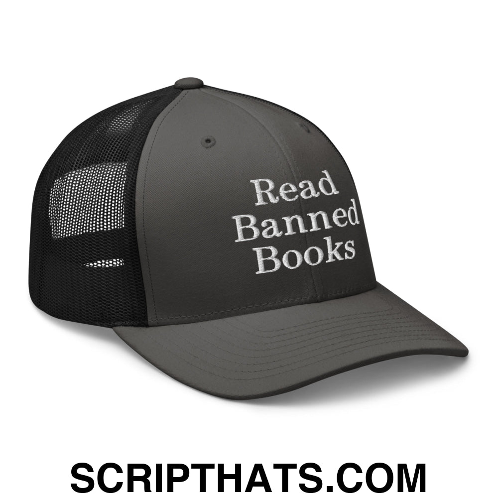 Read Banned Books Embroidered Mesh Trucker Hat Charcoal Black