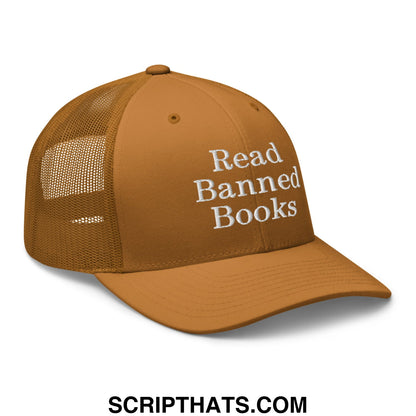 Tan mesh trucker hat with white read banned books embroidered text on front panel for book lovers