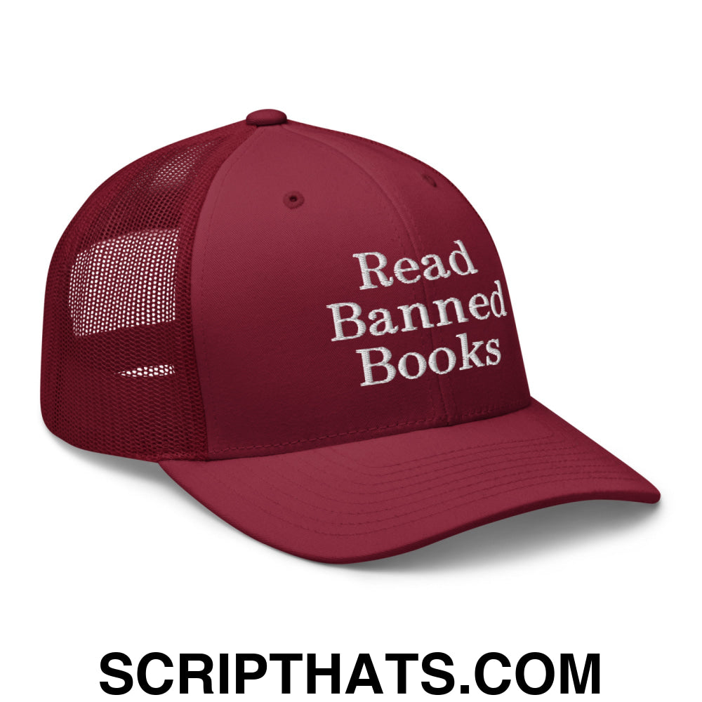 Read Banned Books Embroidered Mesh Trucker Hat Cranberry