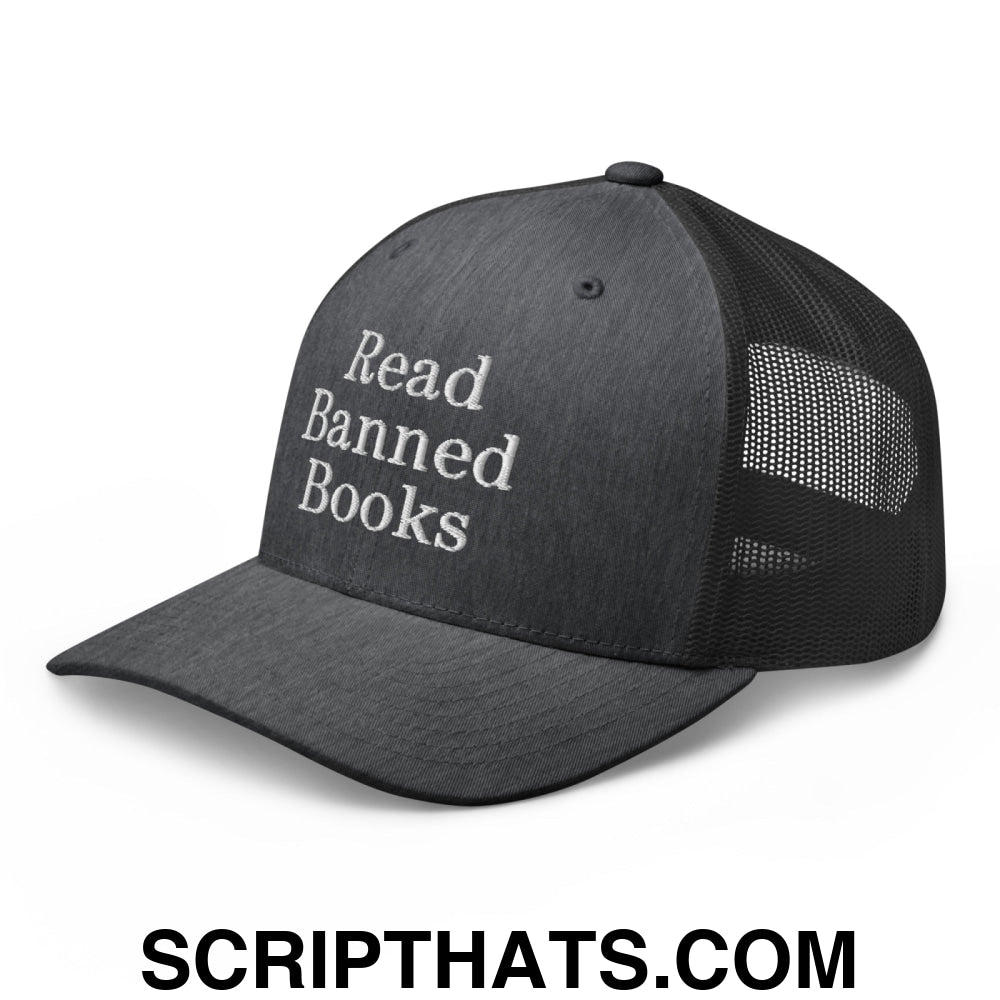 Read Banned Books Embroidered Mesh Trucker Hat Dark Heather Gray