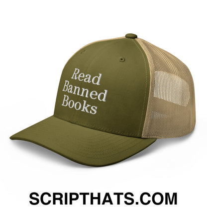 Read Banned Books Embroidered Mesh Trucker Hat Moss Khaki