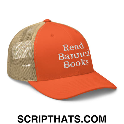 Read Banned Books Embroidered Mesh Trucker Hat Rustic Orange Khaki