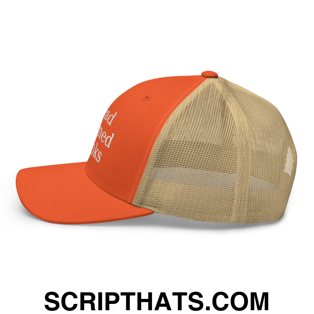 Read Banned Books Embroidered Mesh Trucker Hat Rustic Orange Khaki