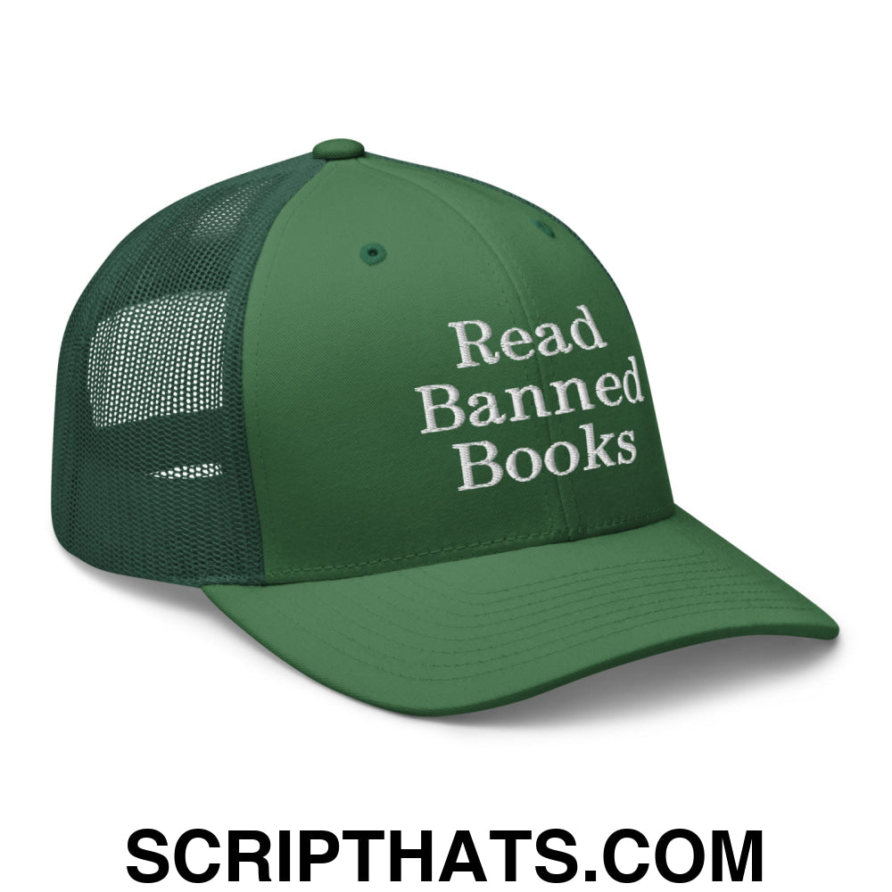 Read Banned Books Embroidered Mesh Trucker Hat Evergreen