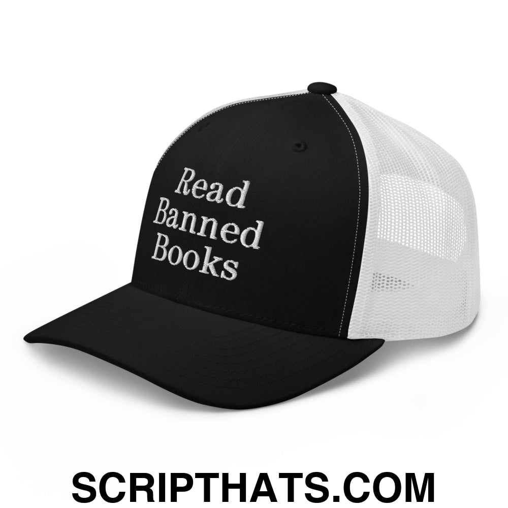 Read Banned Books Embroidered Mesh Trucker Hat Black White