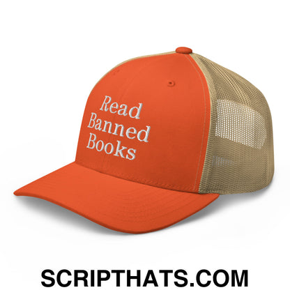 Read Banned Books Embroidered Mesh Trucker Hat Rustic Orange Khaki