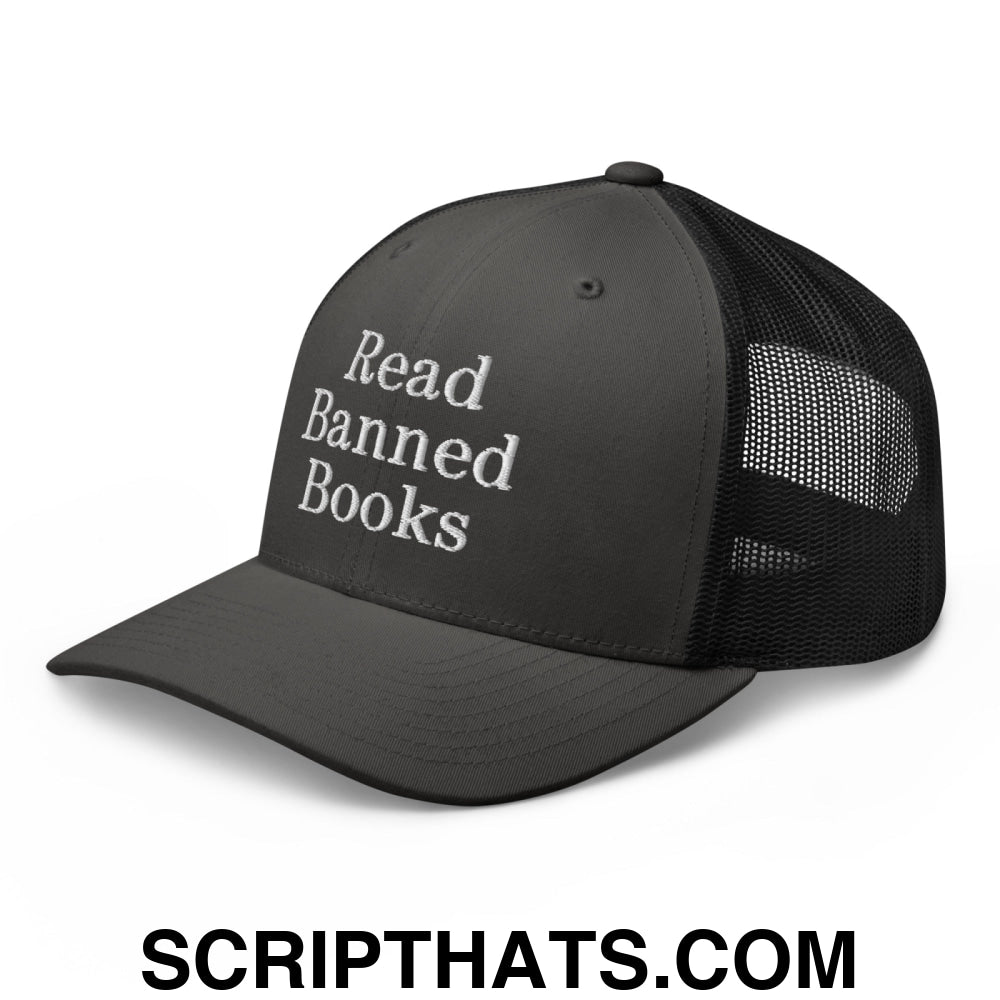 Read Banned Books Embroidered Mesh Trucker Hat Charcoal Black