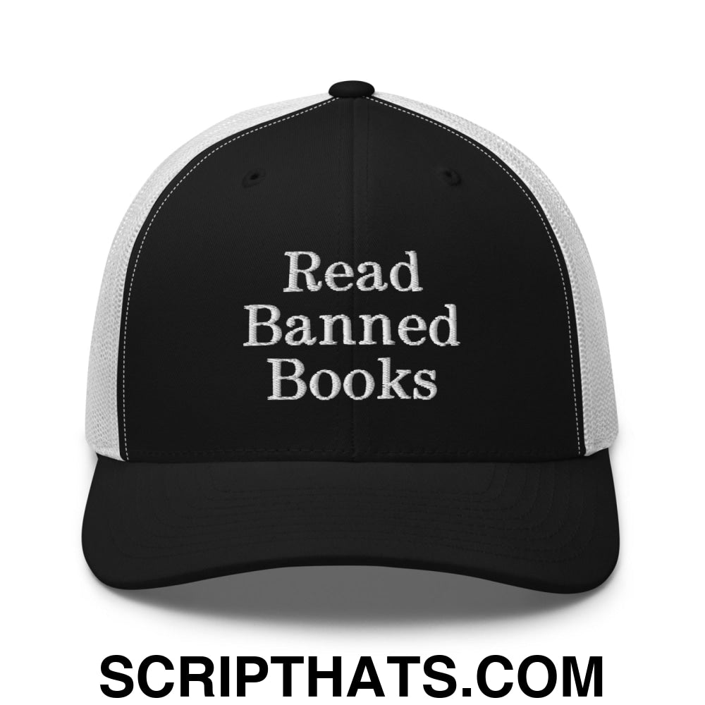 Read Banned Books Embroidered Mesh Trucker Hat Black White