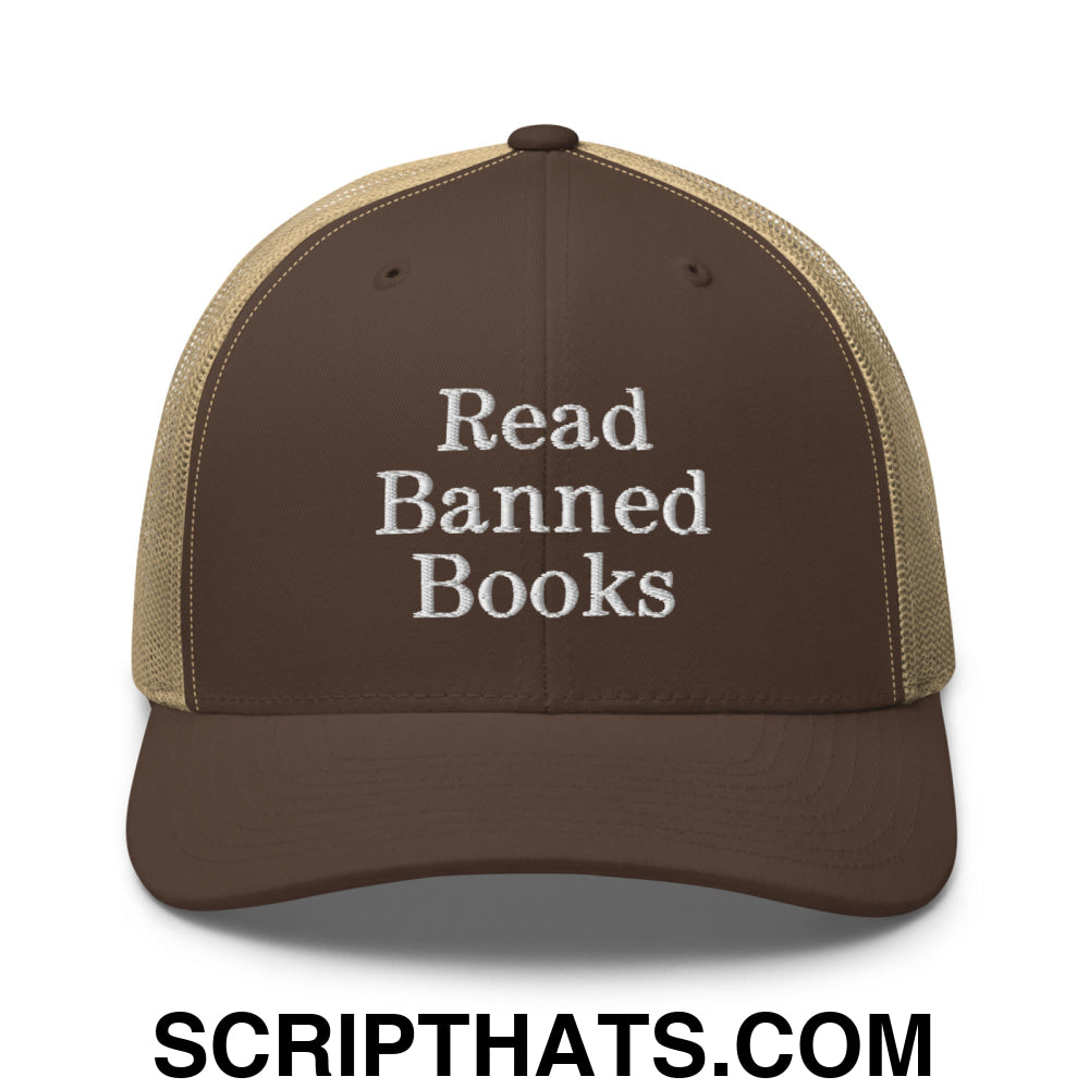 Read Banned Books Embroidered Mesh Trucker Hat Brown Khaki