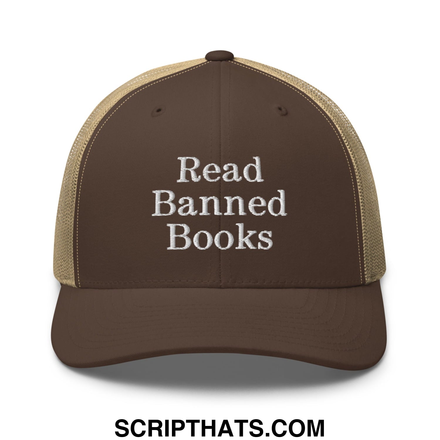 Brown and tan mesh trucker hat with white embroidered read banned books text and breathable design