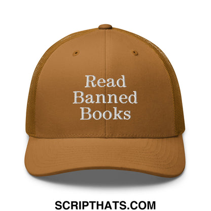 Tan mesh trucker hat with white embroidered read banned books text on front panel for casual wear