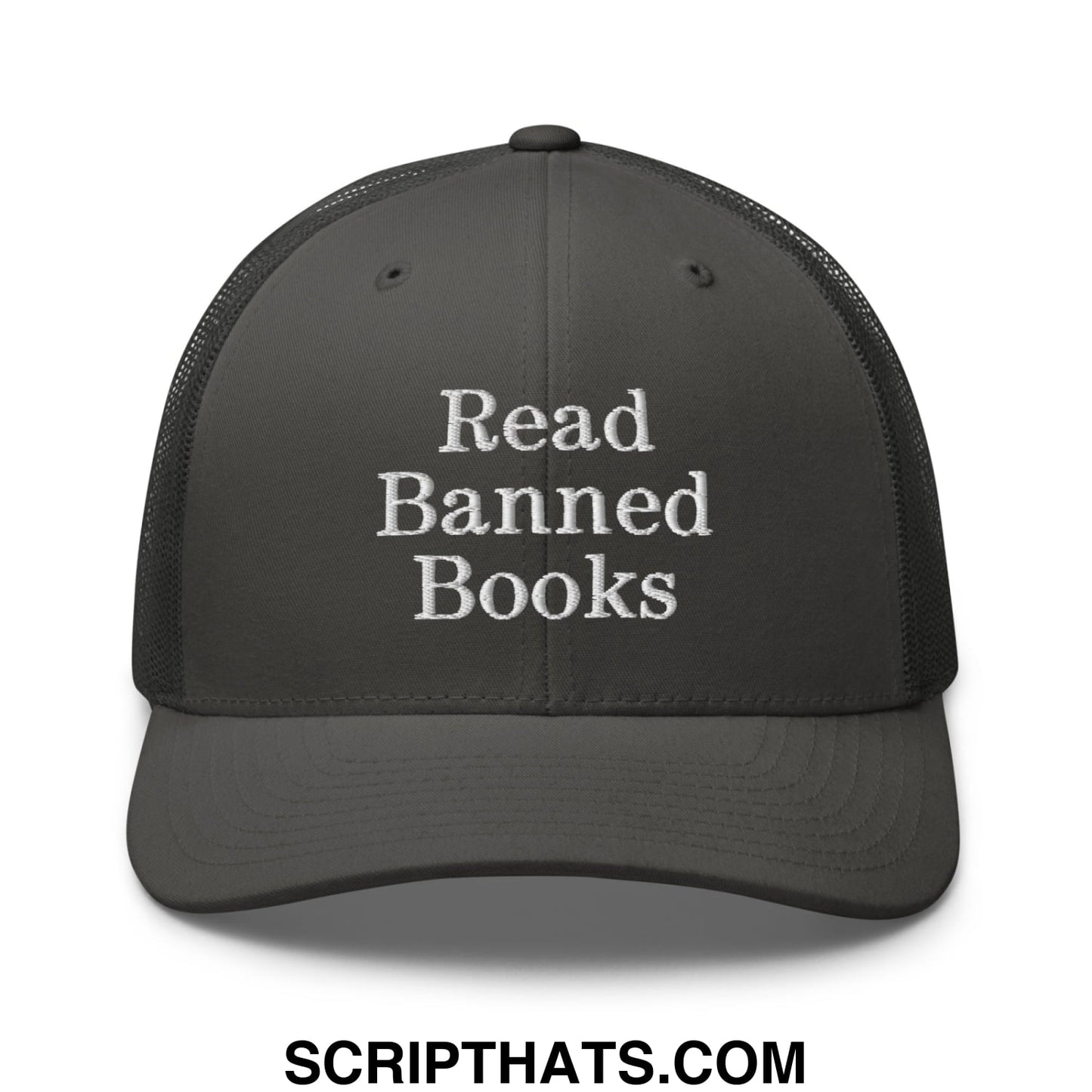 Black mesh trucker hat with white embroidered read banned books text promoting literacy awareness