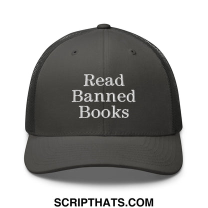 Black mesh trucker hat with white embroidered read banned books text promoting literacy awareness