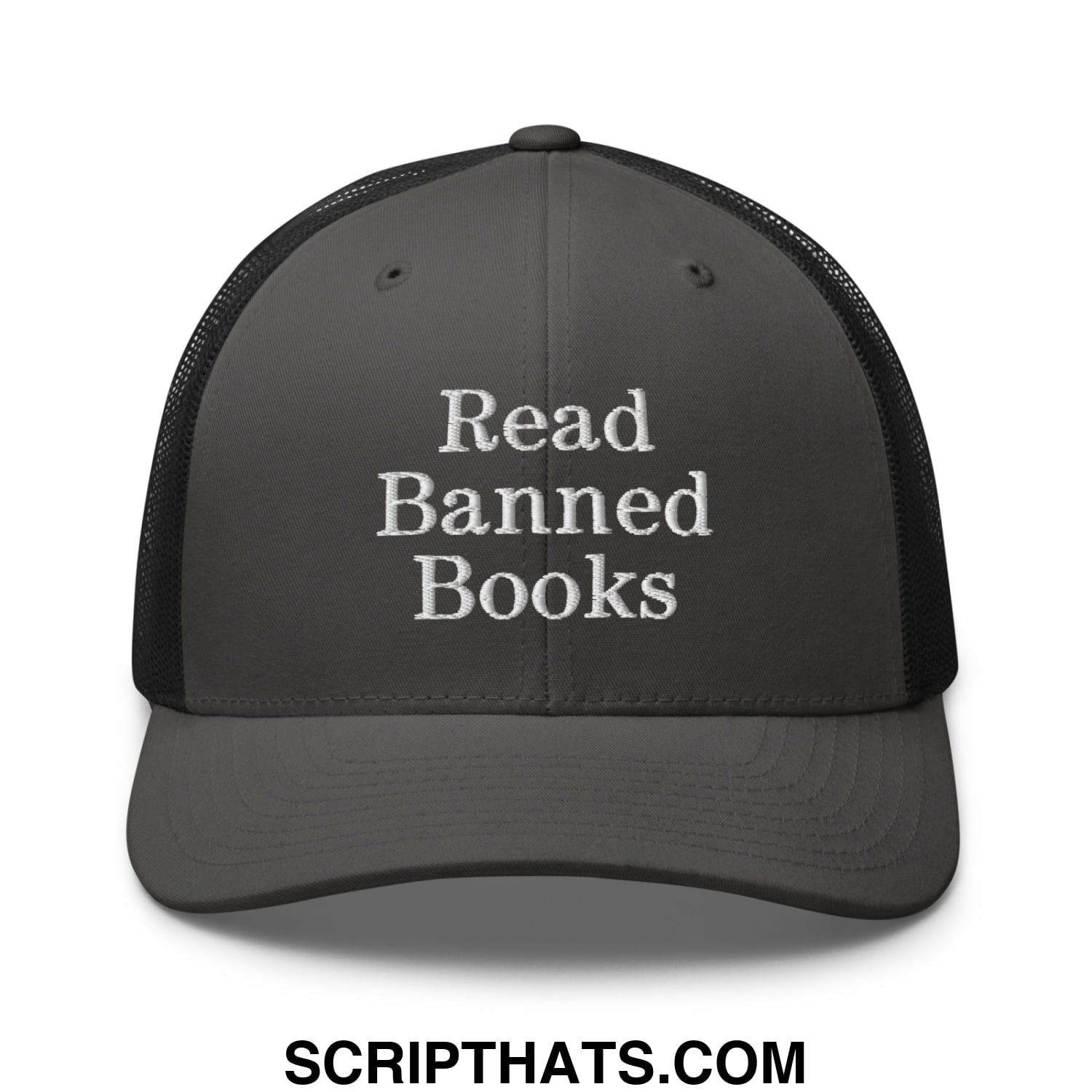 Black mesh trucker hat with white embroidered read banned books text on the front panel