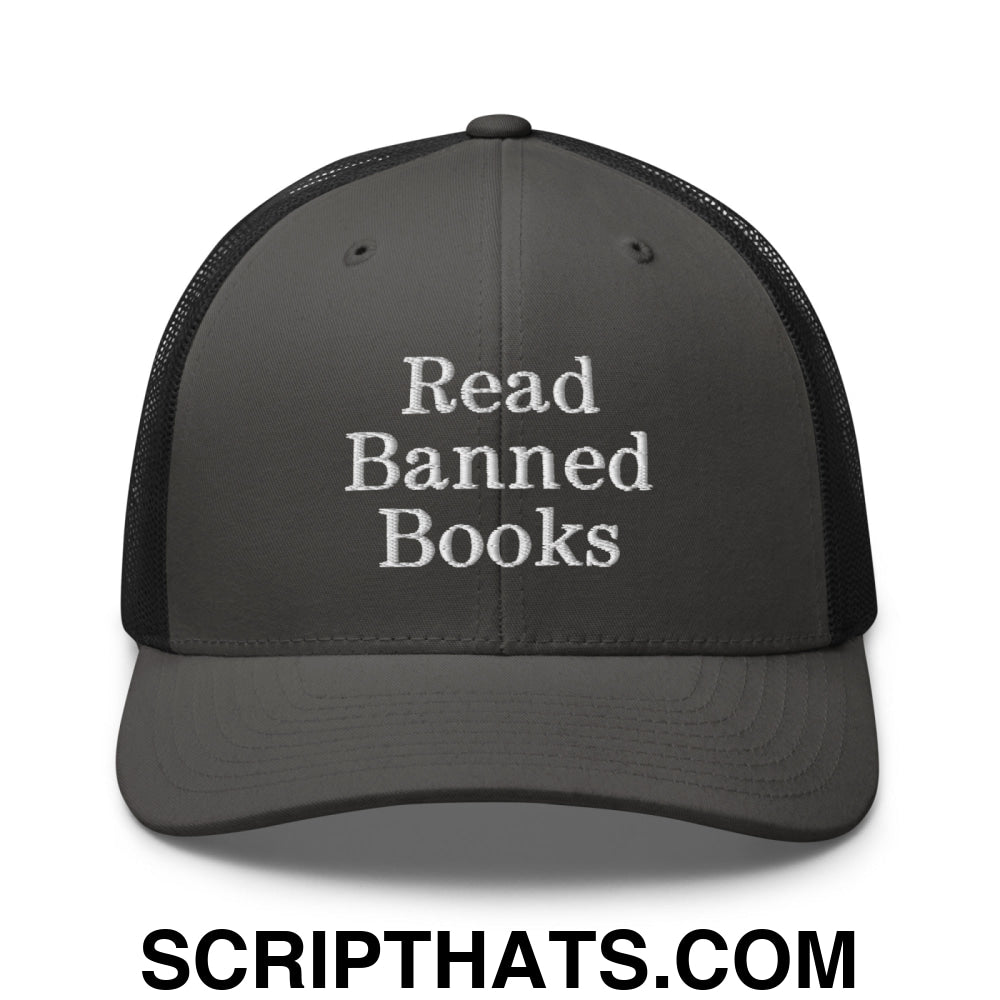 Read Banned Books Embroidered Mesh Trucker Hat Charcoal Black