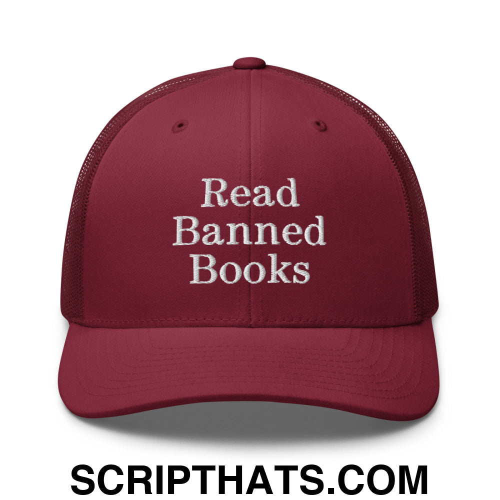 Read Banned Books Embroidered Mesh Trucker Hat Cranberry