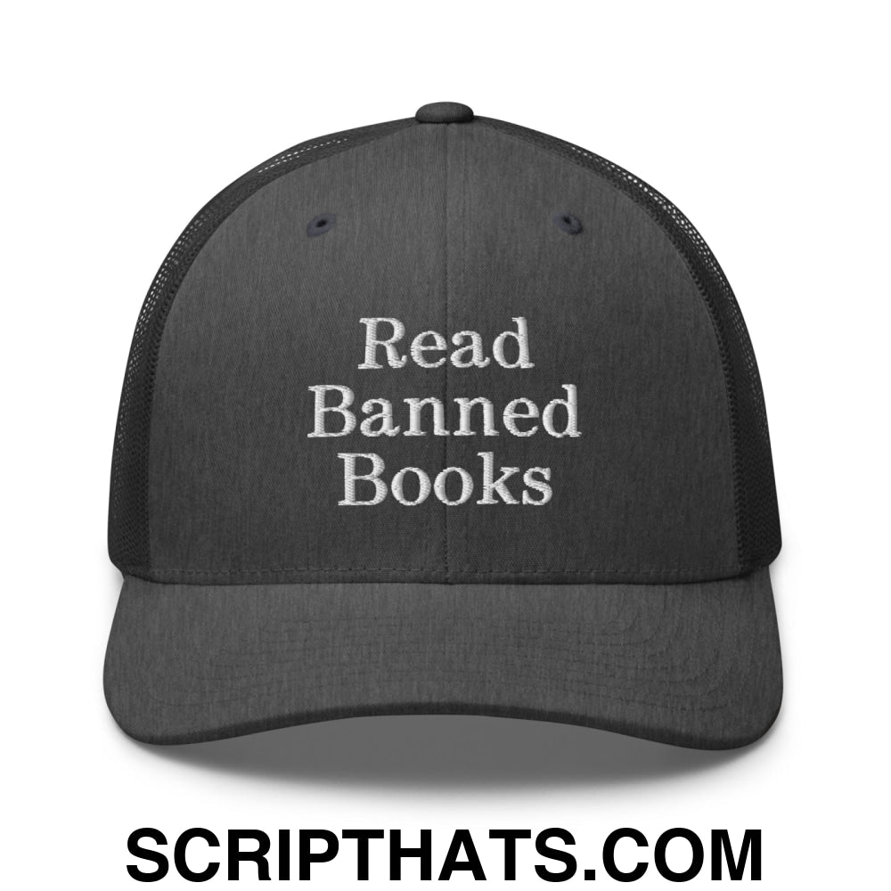 Read Banned Books Embroidered Mesh Trucker Hat Dark Heather Gray