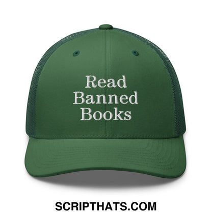 Dark green mesh trucker hat with white embroidered read banned books text on front panel