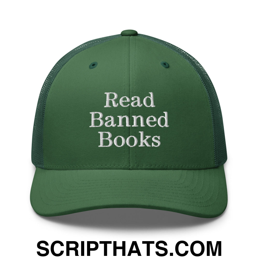 Read Banned Books Embroidered Mesh Trucker Hat Evergreen