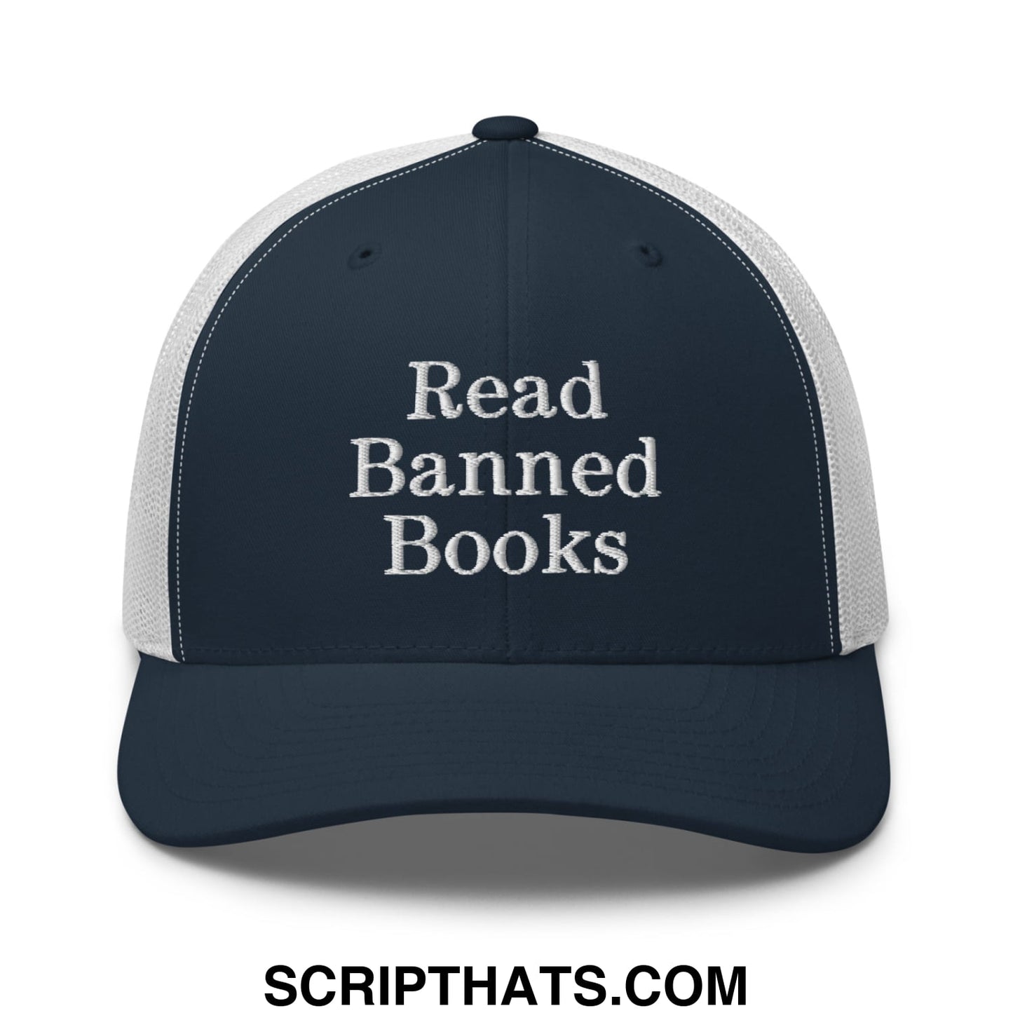 Navy blue and white mesh trucker hat with read banned books embroidered in white thread on the front panel