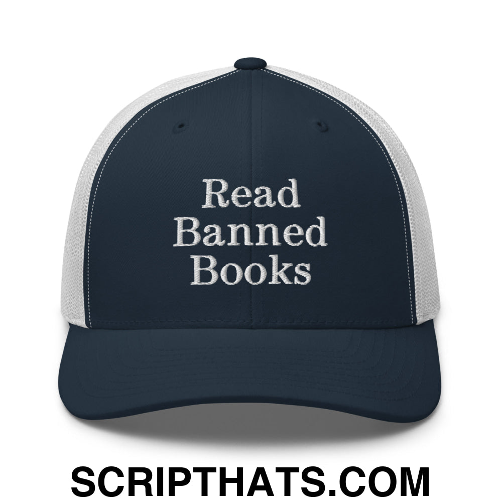 Read Banned Books Embroidered Mesh Trucker Hat Navy White