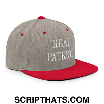 Real Patriot Embroidered Flat Bill Brim Snapback Hat Heather Grey Red