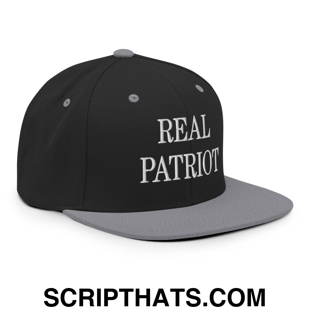 Real Patriot Embroidered Flat Bill Brim Snapback Hat Black Silver