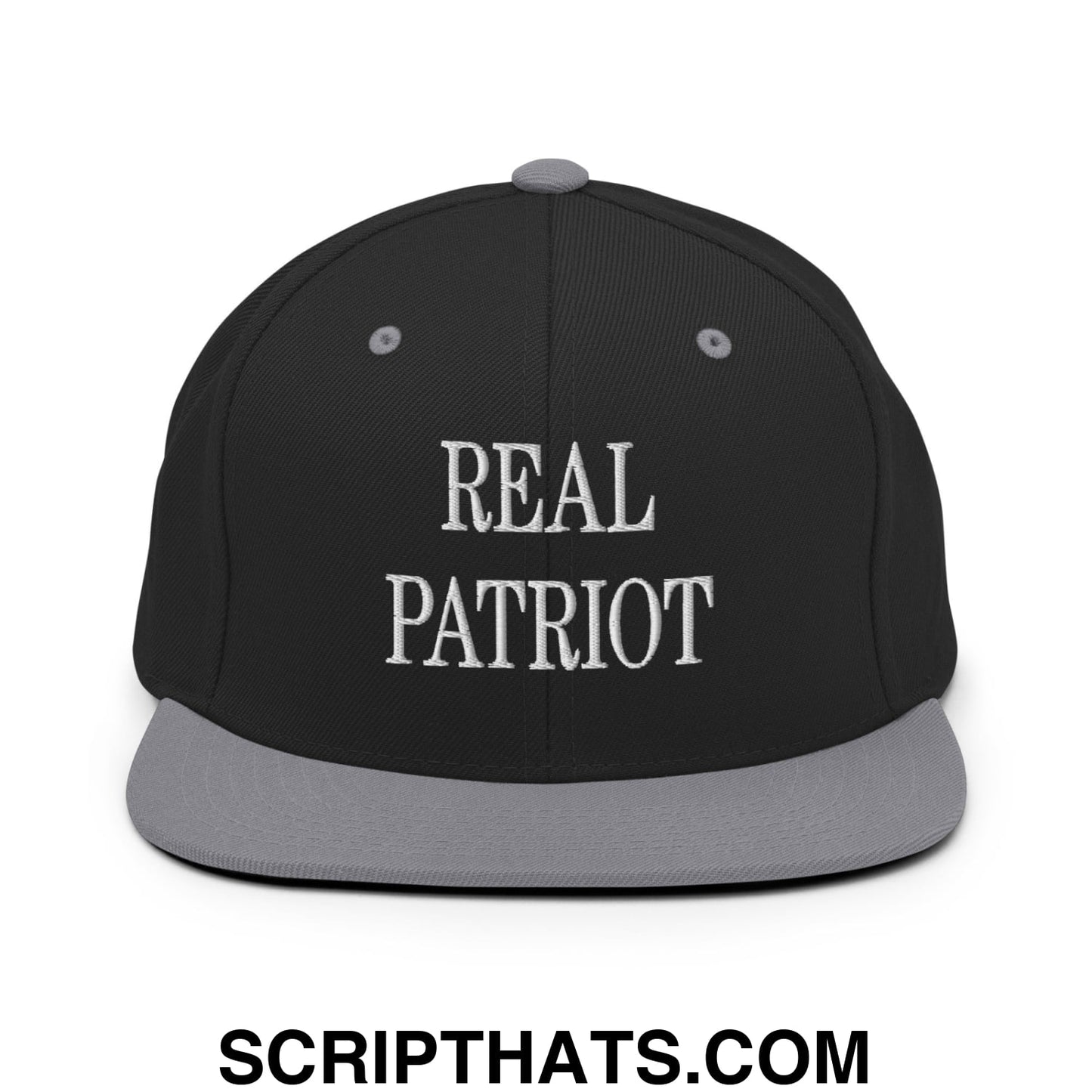 Real Patriot Embroidered Flat Bill Brim Snapback Hat Black Silver