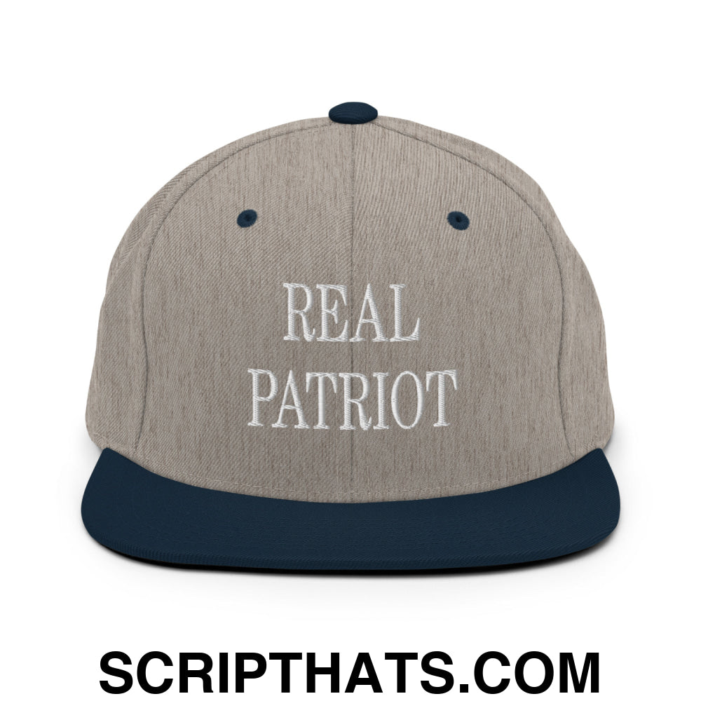 Real Patriot Embroidered Flat Bill Brim Snapback Hat Heather Grey Navy