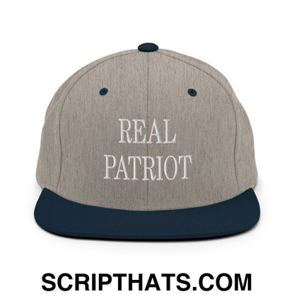 Real Patriot Embroidered Flat Bill Brim Snapback Hat Heather Grey Navy