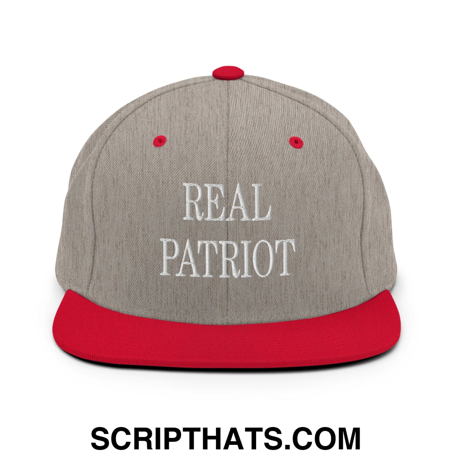 Real Patriot Embroidered Flat Bill Brim Snapback Hat Heather Grey Red
