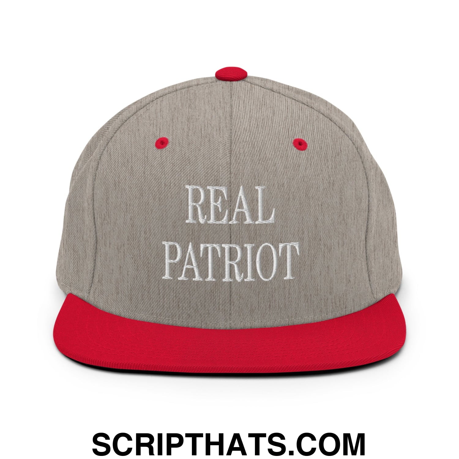 Real Patriot Embroidered Flat Bill Brim Snapback Hat Heather Grey Red
