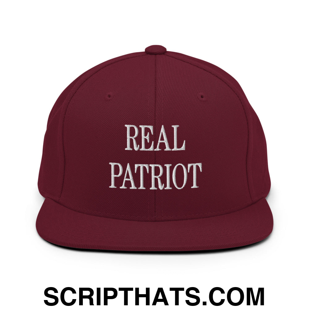 Real Patriot Embroidered Flat Bill Brim Snapback Hat Maroon