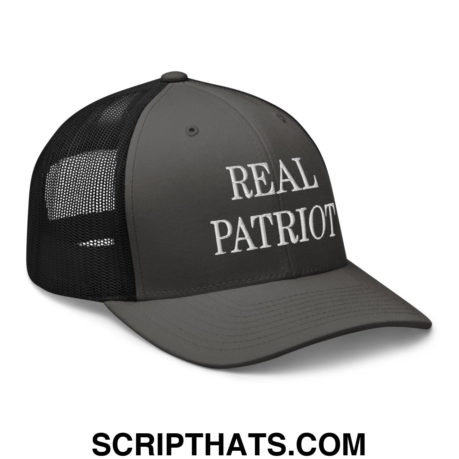 Real Patriot Embroidered Mesh Trucker Hat Charcoal Black