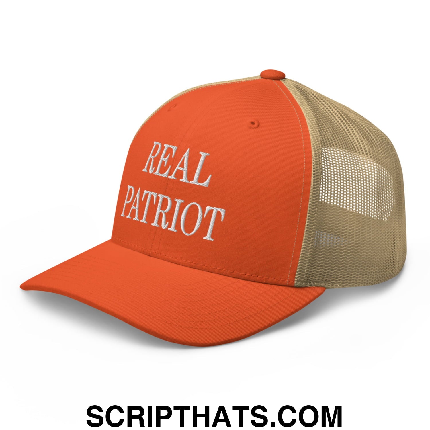 Real Patriot Embroidered Mesh Trucker Hat Rustic Orange Khaki