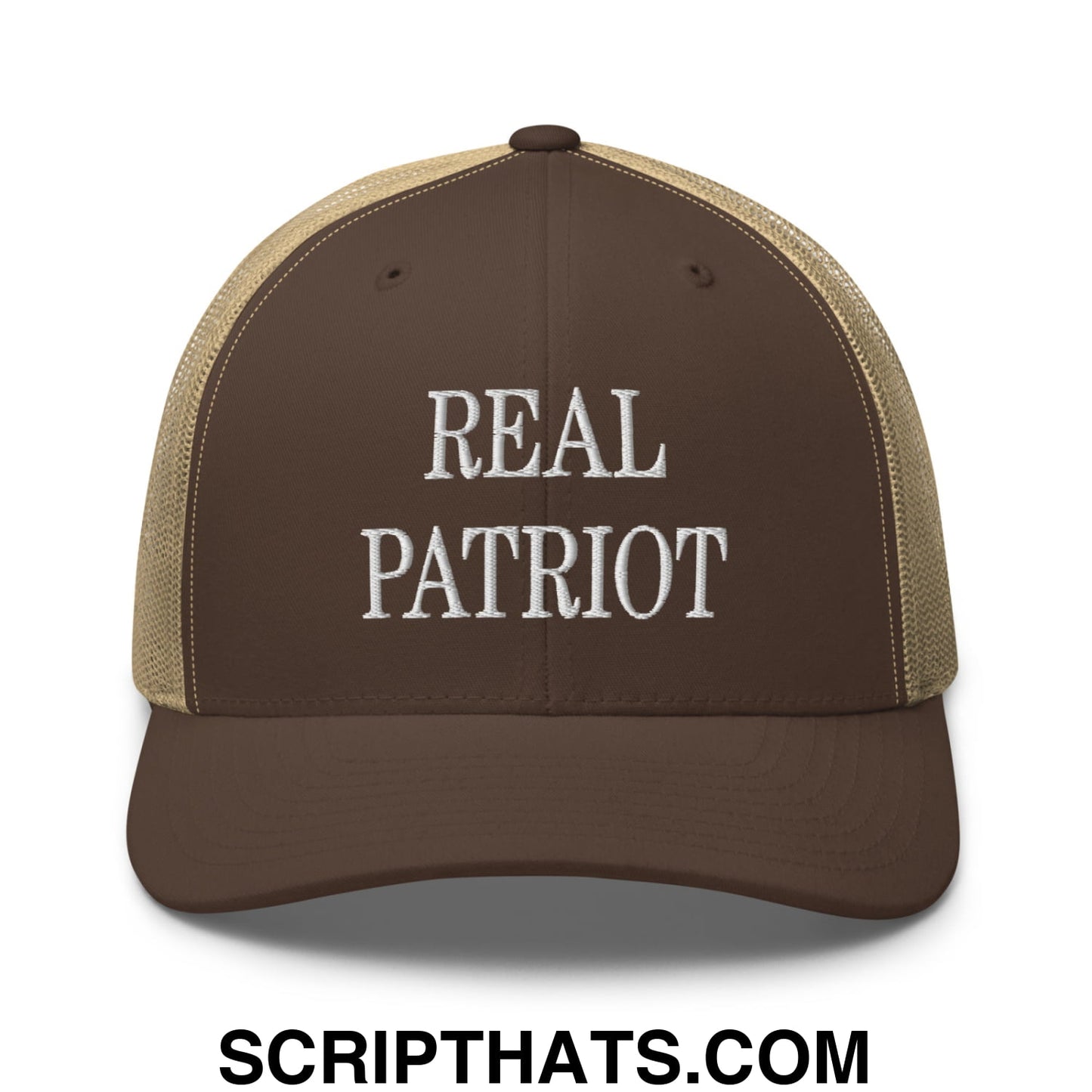 Real Patriot Embroidered Mesh Trucker Hat Brown Khaki