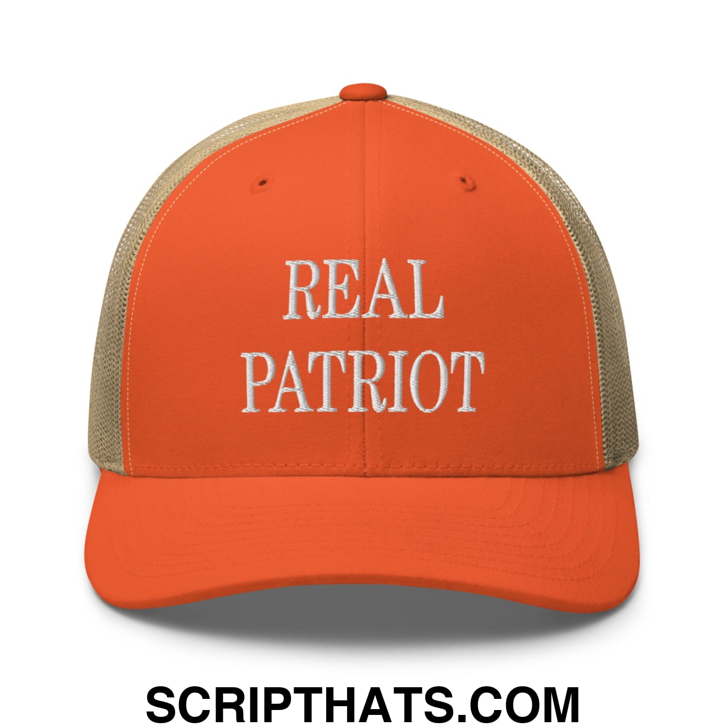 Real Patriot Embroidered Mesh Trucker Hat Rustic Orange Khaki