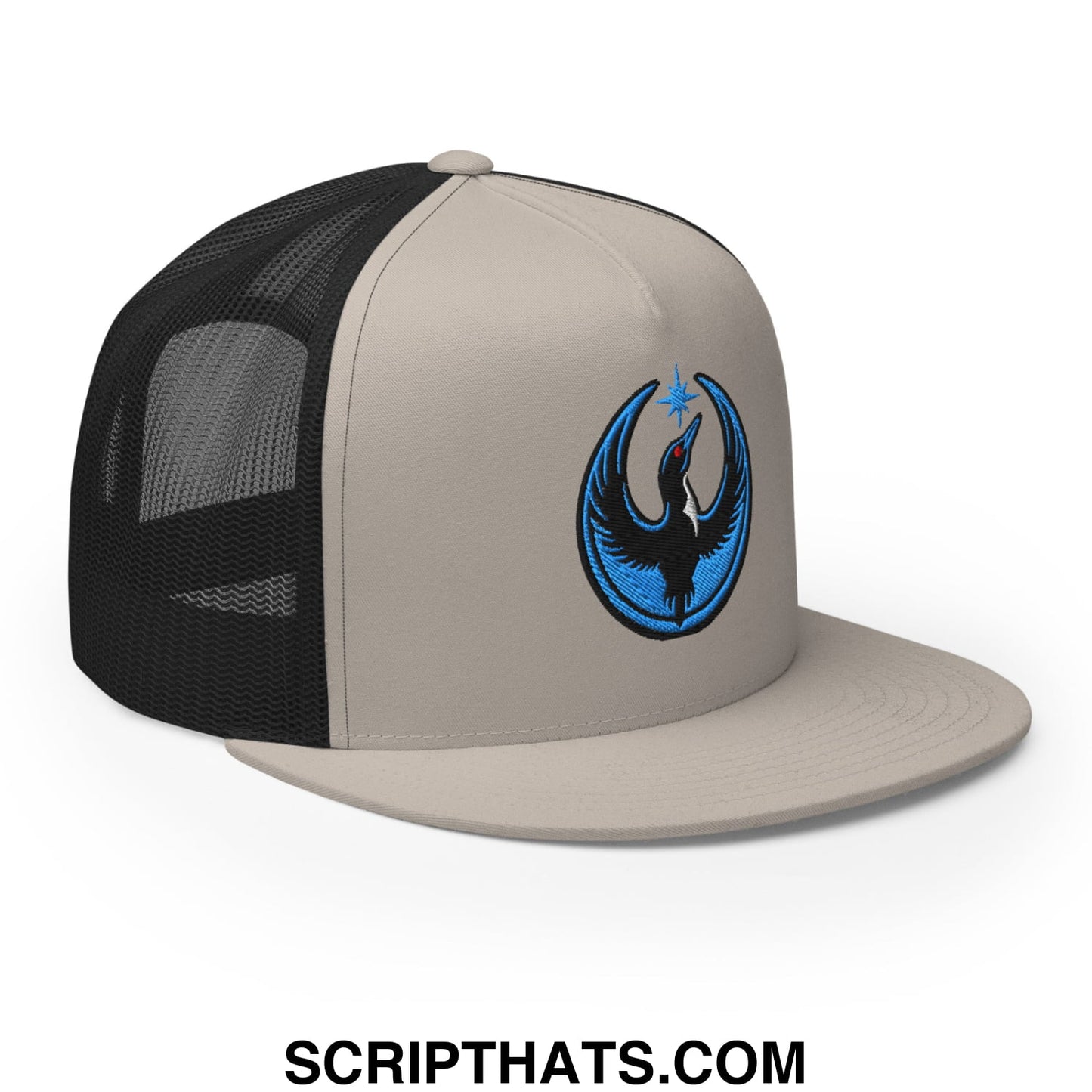 Rebel Loon Minnesota Bird of Resistance Embroidered Flat Bill Brim Mesh Trucker Hat Silver Black