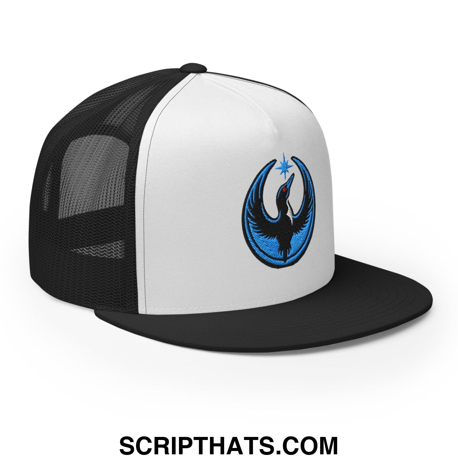 Rebel Loon Minnesota Bird of Resistance Embroidered Flat Bill Brim Mesh Trucker Hat Black White Black