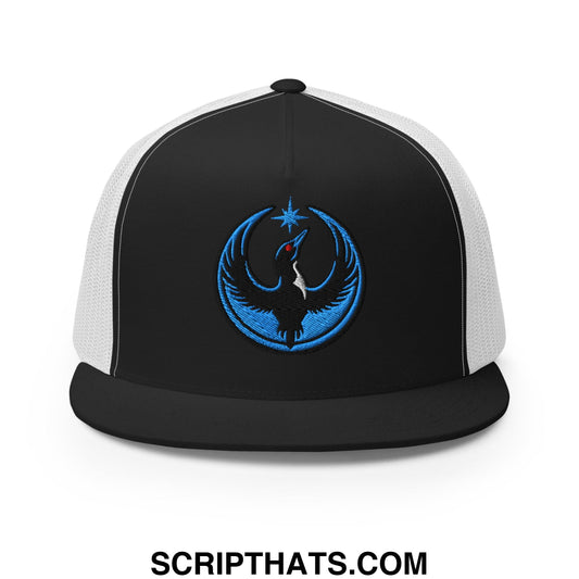 Rebel Loon Minnesota Bird of Resistance Embroidered Flat Bill Brim Mesh Trucker Hat Black White