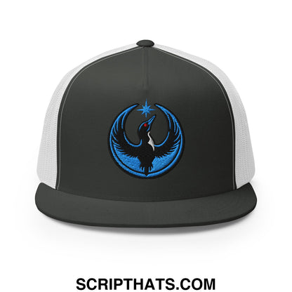 Rebel Loon Minnesota Bird of Resistance Embroidered Flat Bill Brim Mesh Trucker Hat Charcoal White