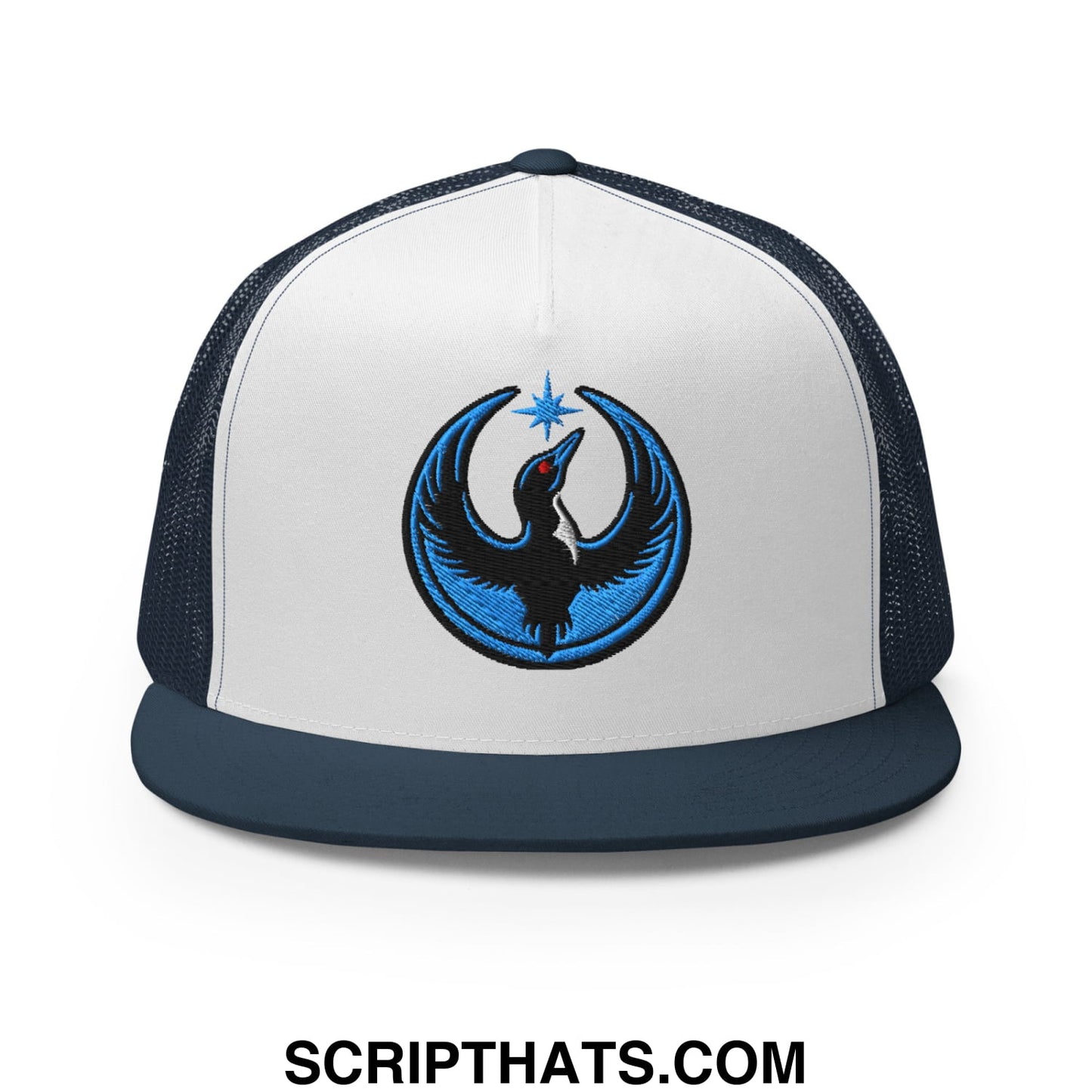 Rebel Loon Minnesota Bird of Resistance Embroidered Flat Bill Brim Mesh Trucker Hat Navy White Navy